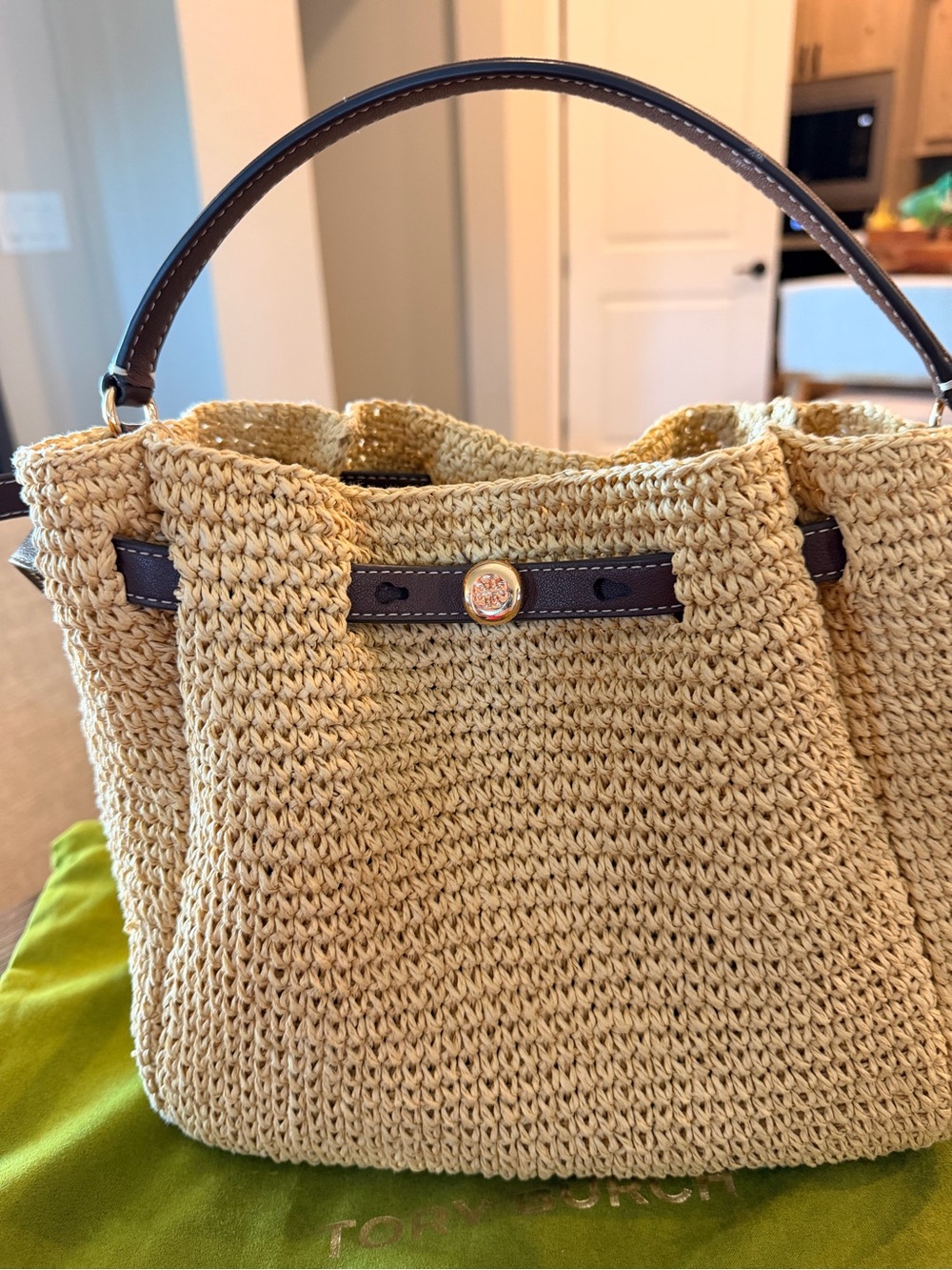 Like New Woven Straw Tote Bag with Brown Leather Trim - Picture 4 of 12